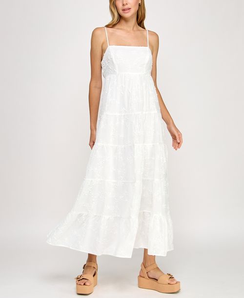 Juniors' Woven Tie-Back Tiered Maxi Dress - White