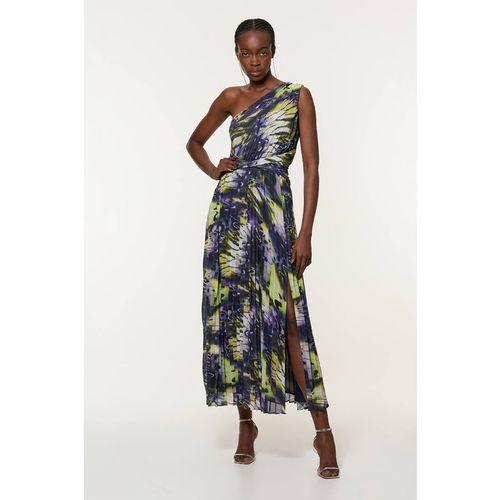 Karen Millen Women's Crinkle Feather Print Woven One Shoulder Maxi Dre