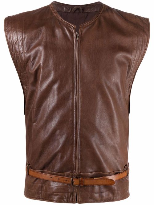 1980s belted leather waistcoat - Brown