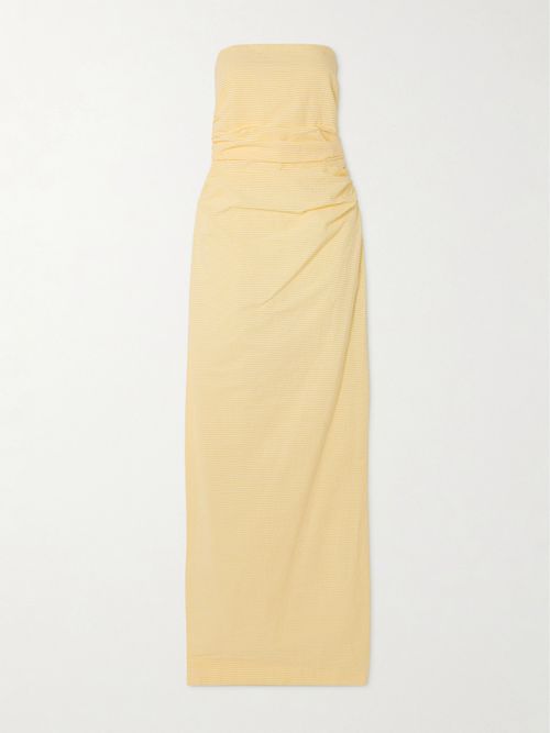 Vera Strapless Ruched Striped Cotton-seersucker Maxi Dress - Yellow