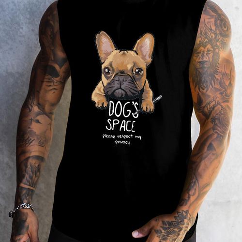 TEMU Men's Summer Sports Tank Top - "" French Bulldog Print, Sleeveless Basketball Vest, Casual Polyester , Round Neck