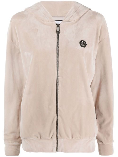 Skull-appliqué zip-up hoodie - Neutrals