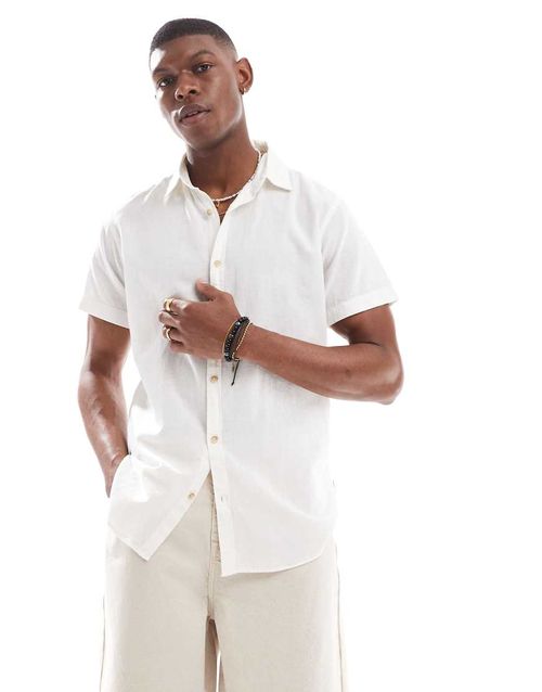 Short sleeve linen blend shirt in white