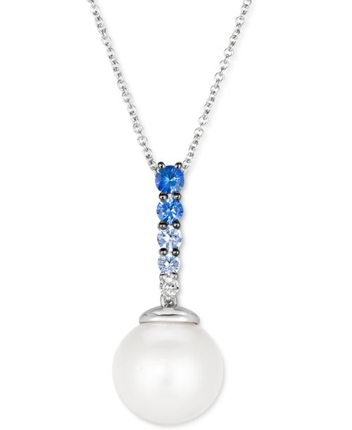 "Vanilla Pearl (10mm) & Multi-Sapphire (1/3 ct. t.w.) 18"" Pendant Necklace in 14k White Gold - White Gold"