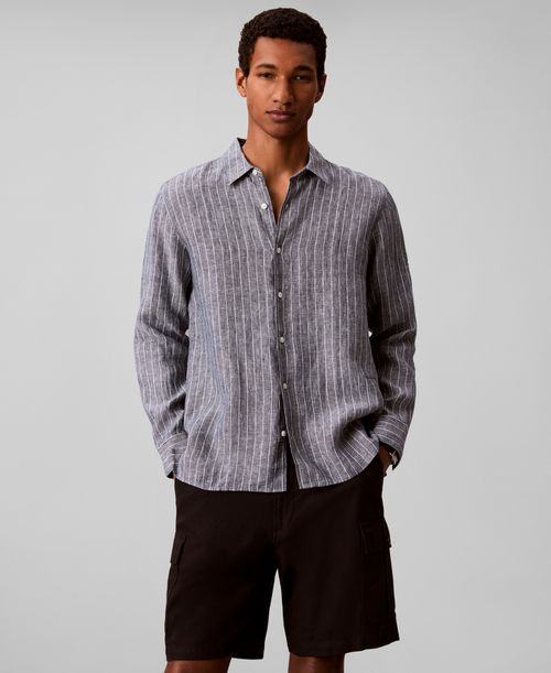 Men's Yarn-Dyed Pinstripe Linen Classic Shirt - Navy Stone