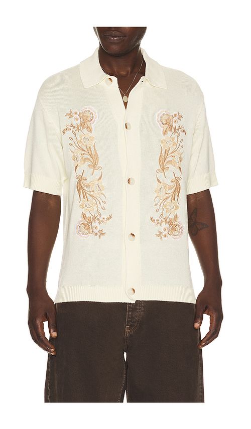 Central Park West Anderson Embroidered Camp Shirt in Cream. M. Also in S, L, XL/1X