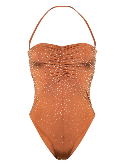 Crystal-embellished open-back swimsuit - Brown