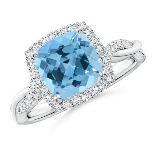 Angara 2.5 Carats Twisted Shank Cushion Swiss Blue Topaz Halo Engagement Ring in Platinum