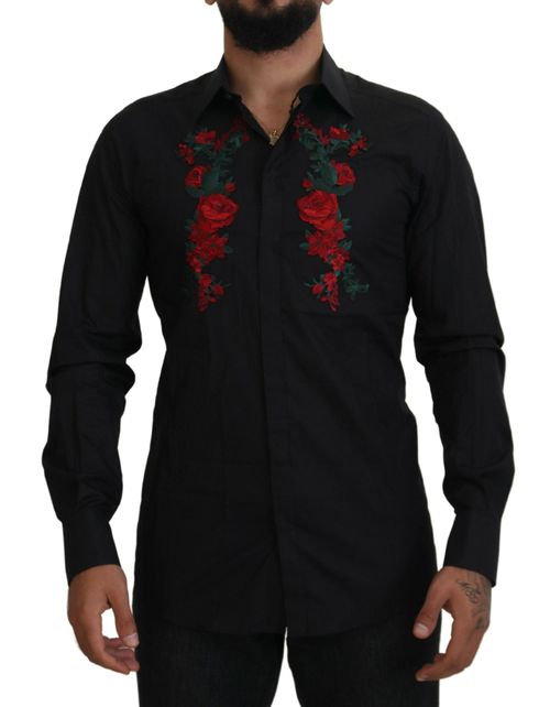 Rose-Embroidered Cotton Shirt — Black