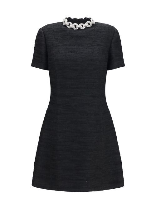 Embroidered Crew Neck Mini Dress — Black