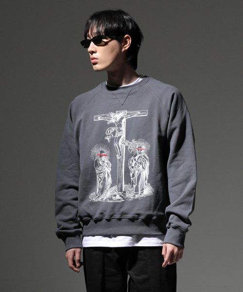 Jesus Unholy Print Raglan Oversized Sweatshirt Charcoal