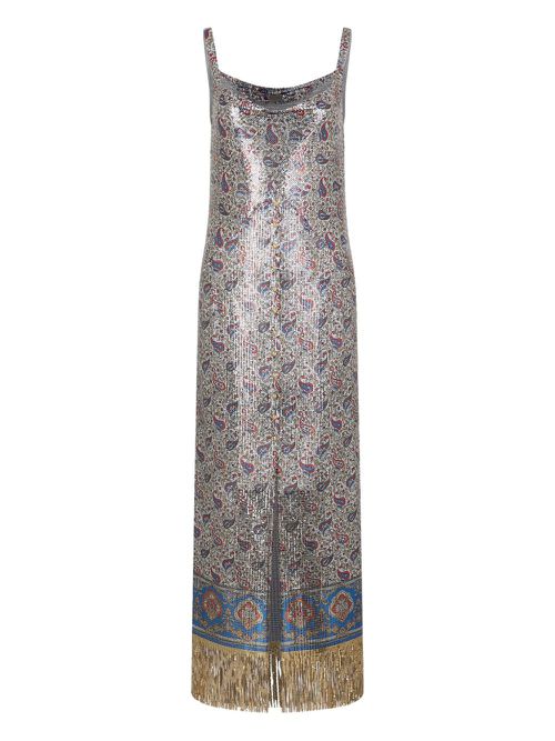 Fringed paisley-printed slip dress - Grey
