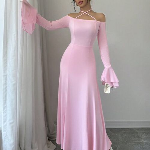 Off-The-Shoulder Ruffle Trim Long Sleeve Dress Maxi Women Outfit