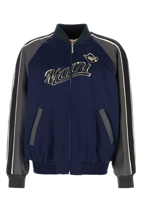 Satin Colorblock Bomber Jacket — Navy