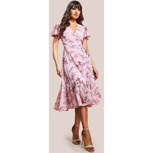 City Goddess Wrap Flutter Sleeve Floral Midi Dress - Peach