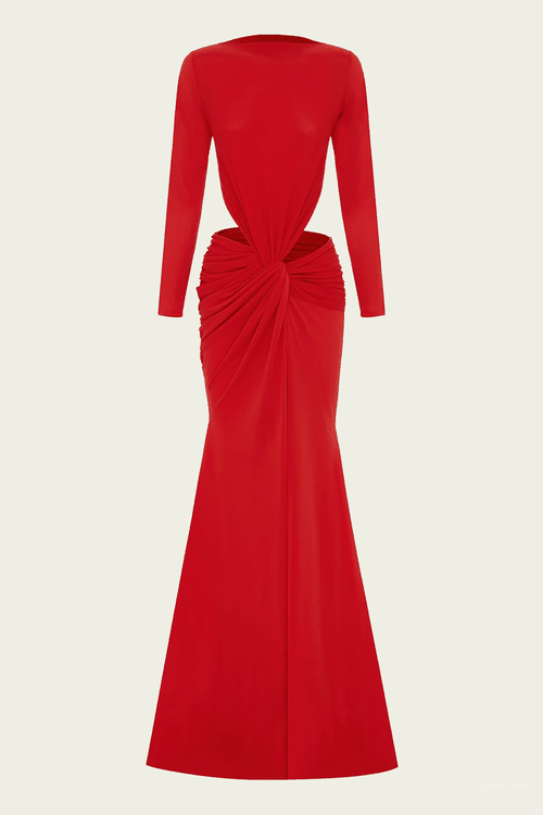 Long-Sleeve Twist Gown Crepe Jersey in Red