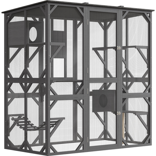 Garvee 70" Large Wooden Cat Cage with Roof, Multi-Level Cat House with 4 Platforms, Hammock & Scratching Post, Cats Enclosure Window Access for Outdoor & Indoor