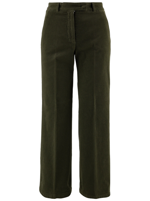 Green Ribbed Stretch Cotton Velvet Straight-Leg Pants