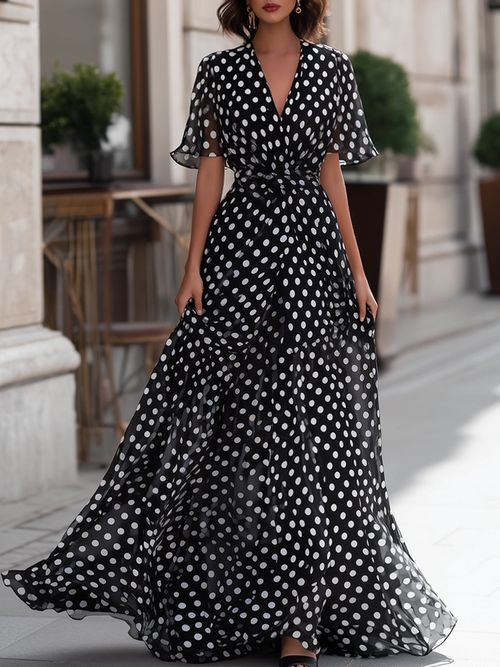 Polka Dot Chiffon V-Neck Maxi Dress - Black