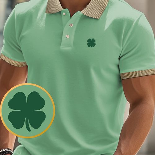 TEMU Men's Shirt - Breathable Polyester, Clover Print, Light Blue With Contrast Collar, Short Sleeve Summer Golf & Tennis Top, Business Casua