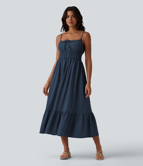 Tie Front Flowy Midi Casual Linen-Feel Slip Dress Casual Dress - Deep Secluded Blue