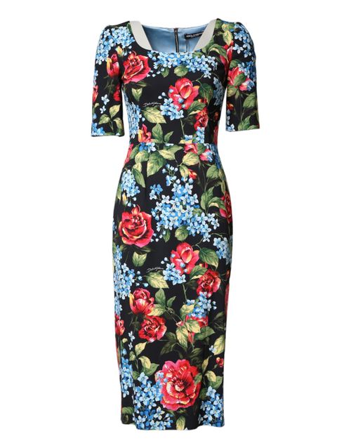 Floral Print Viscose Sheath Dress — Black