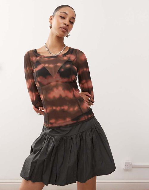 Mesh semi sheer long sleeve top in chocolate blurred print-Multi