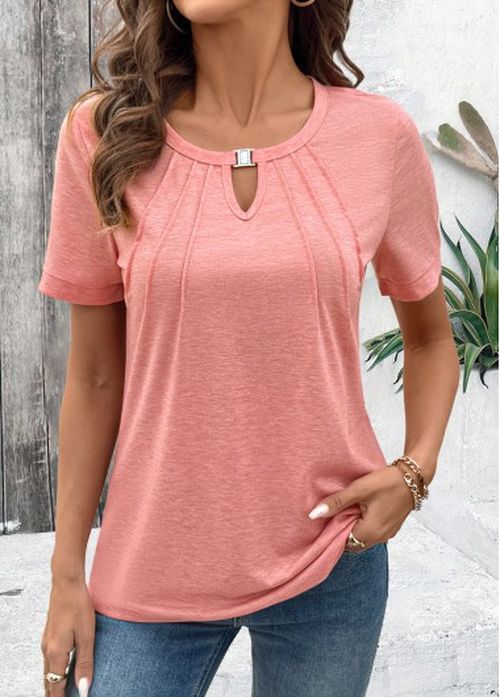 Modlily Pink Cut Out Short Sleeve Round Neck T Shirt
