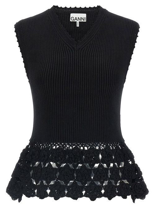 Ribbed Organic Cotton with Crochet Hem Vest — Black