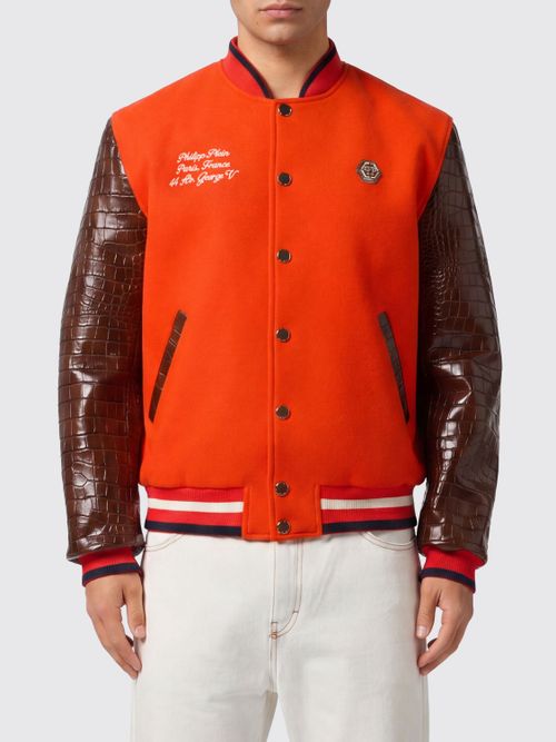 Two-Tone Crocodile-Effect Calfskin Leather Varsity Bomber Jacket