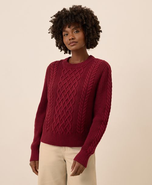 Women's Crimson Red Luxe Knit Cable Crew Sweater
