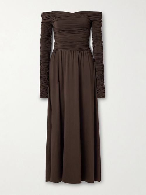 Charlotte Off-the-shoulder Ruched Stretch Recycled-jersey Maxi Dress - Brown