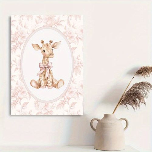 TEMU Vintage Giraffe Wall Art Poster - Pink Floral Canvas Print With Bow, Retro Animal Theme Decor For Girls Bedroom, Bathroom, Dorm - Spring