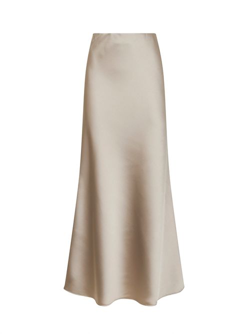 Satin Bias-Cut Long Skirt — Beige