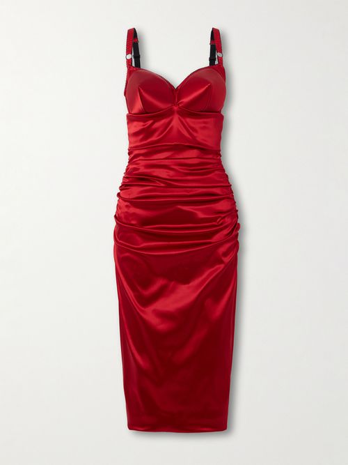 Ruched Satin Midi Dress - Red
