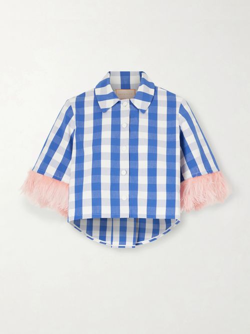 Picnic Cropped Checked Feather-trimmed Cotton-blend Blouse