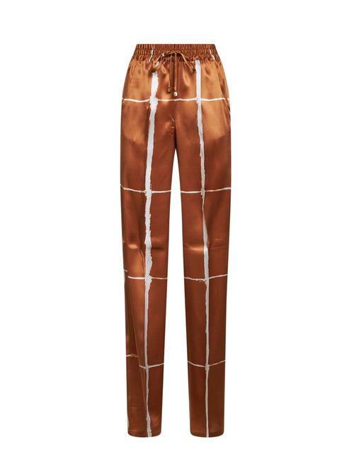 Geometric Print Silk Trousers — Brown