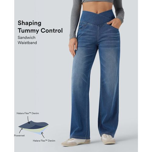Halara Halara Flex™ SoCinched Crossover High Waisted Tummy Control Casual Straight Leg Jeans with Pockets - Tide Blue Denim - XLregular