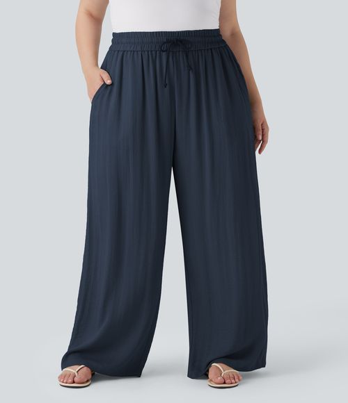 High Waisted Drawstring Linen-Feel Wide Leg Casual Plus Size Pants with Pockets  - Charm Ink Blue