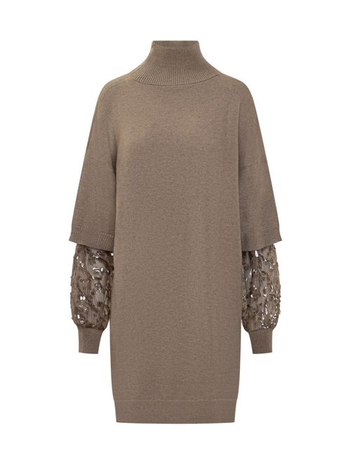 Beige Embellished Mock Collar Mini Dress