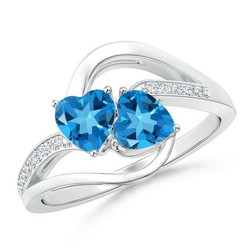 Angara 1.2 Carats Two Stone Heart Swiss Blue Topaz Bypass Ring with Diamonds in Platinum