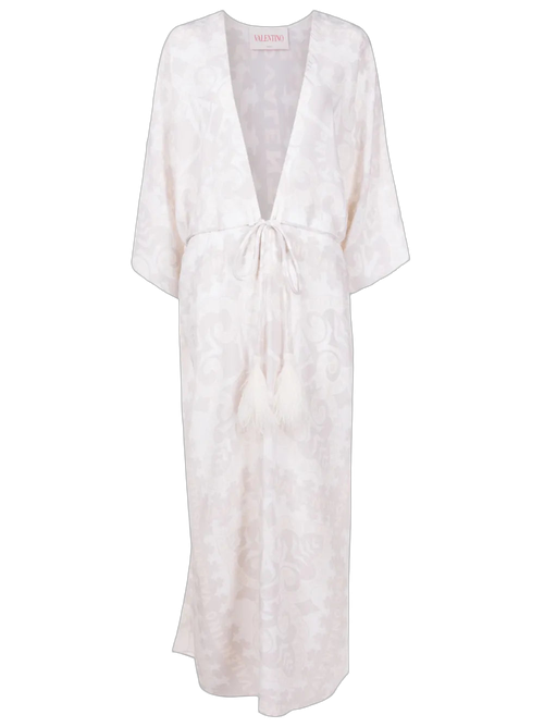 Geometric-Print Silk Beach Cover-Up — Beige
