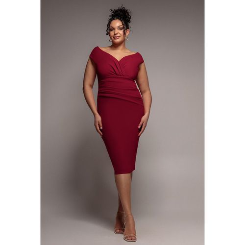 Goddiva Plus Scuba Bardot Pleated Midi Dress - Wine