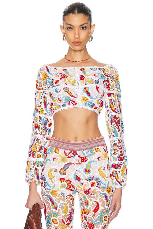 Etro Long Sleeve Cropped Top in Multicolor On White Base - White,Orange.  40 also in