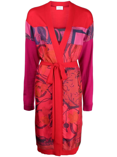 Patchwork Scarf-Print Cardigan — Red