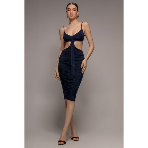Goddiva Cut Out Ruched Bodycon Midi Dress - Navy Blue