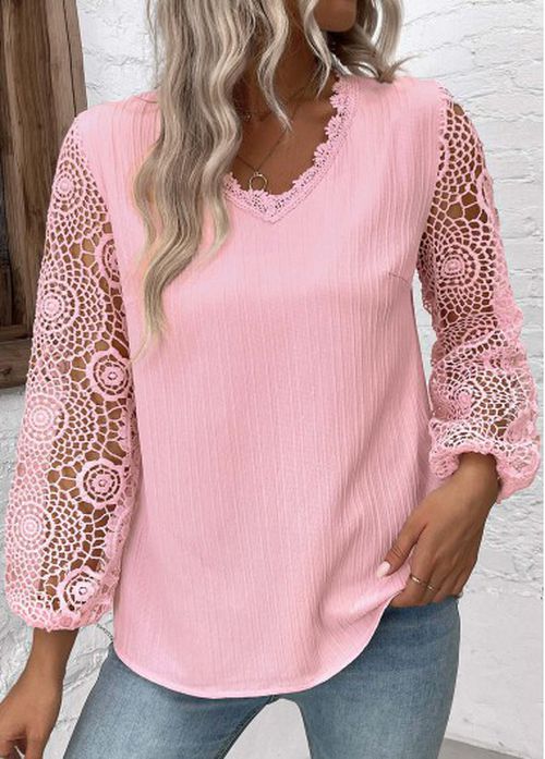 Modlily White Lace Plus Long Sleeve V Neck Blouse