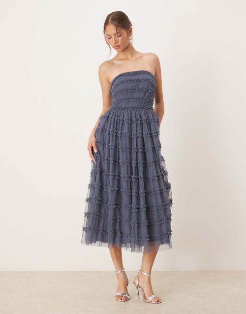 Bandeau ruffle midi dress in vintage indigo-Blue