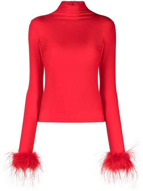 Feather-cuff high-neck top - Red