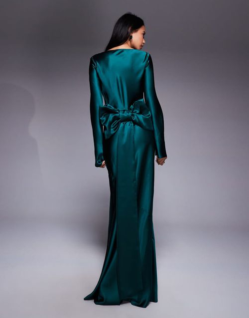 Satin maxi dress with exaggerated bow back in emerald green-Navy